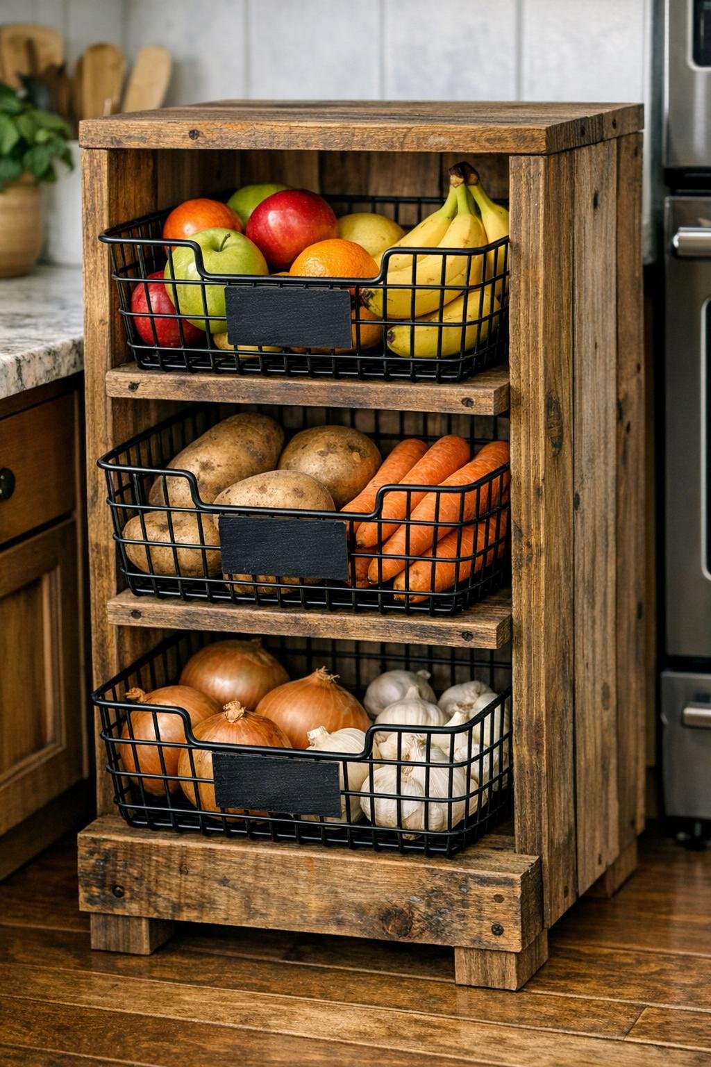 Finished wooden crate produce bin with labeled black wire baskets