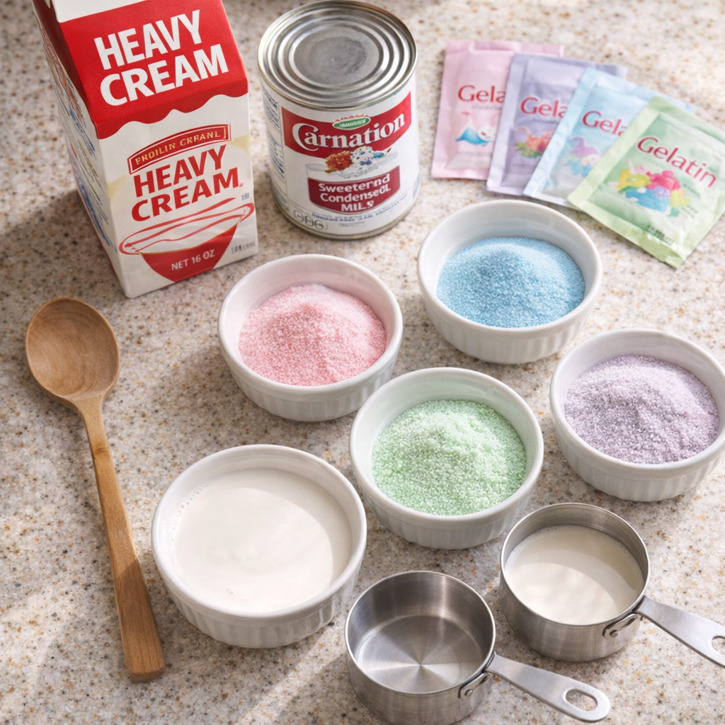 Ingredients for pastel gelatin dessert arranged on a kitchen counter