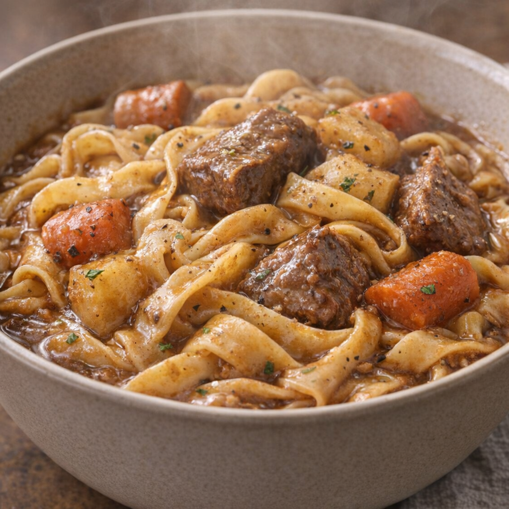 Bowl of beef stew noodles ready to serve