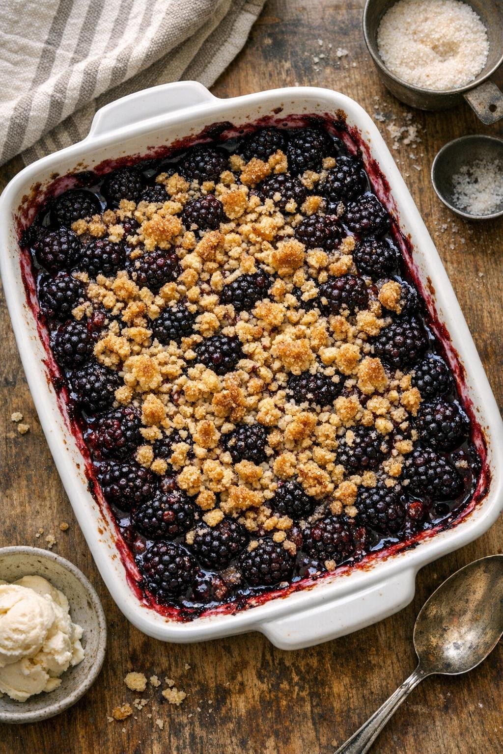 Finished baked blackberry dessert in a white casserole dish