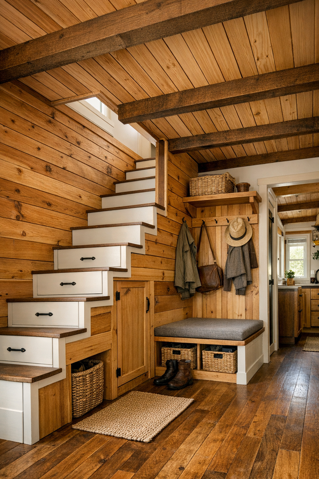 Built-in storage stair and entry nook in a cedar tiny home