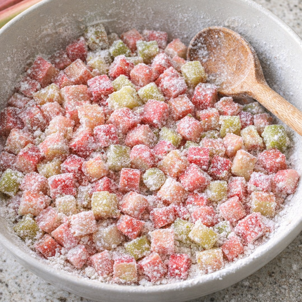 Rhubarb tossed with sugar and flour in a mixing bowl