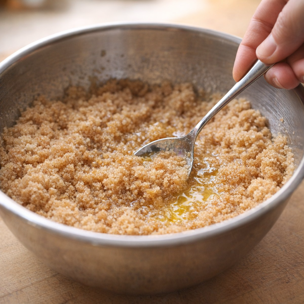 Buttery breadcrumbs being mixed in a bowl