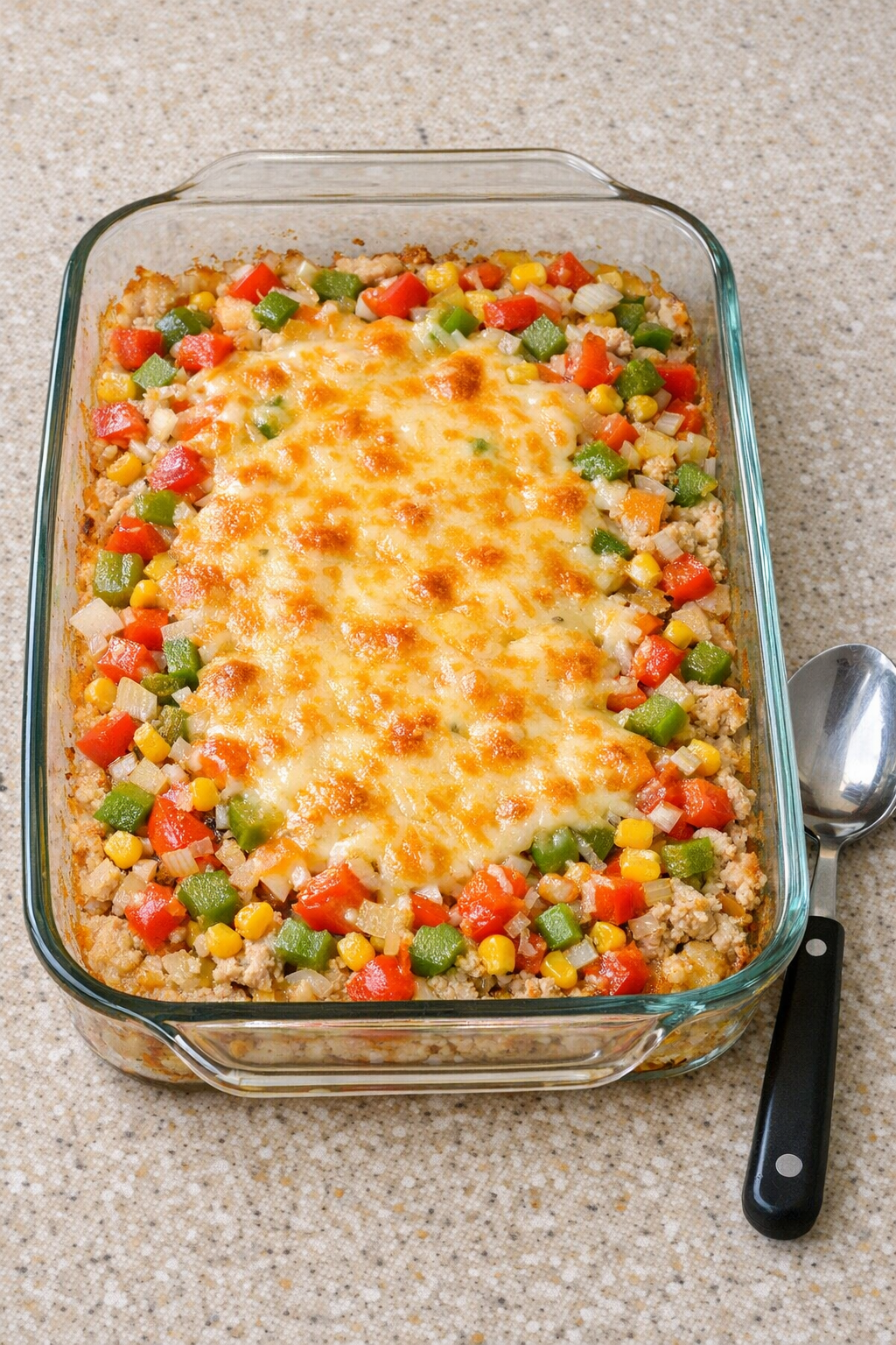 Finished baked ground chicken casserole in a glass dish