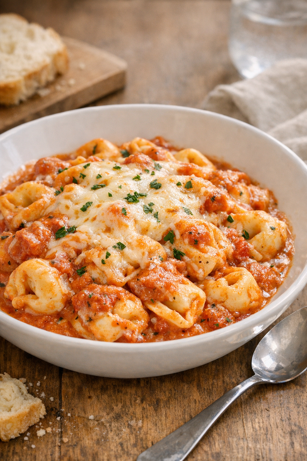 Finished slow cooker cheese tortellini in tomato cream sauce