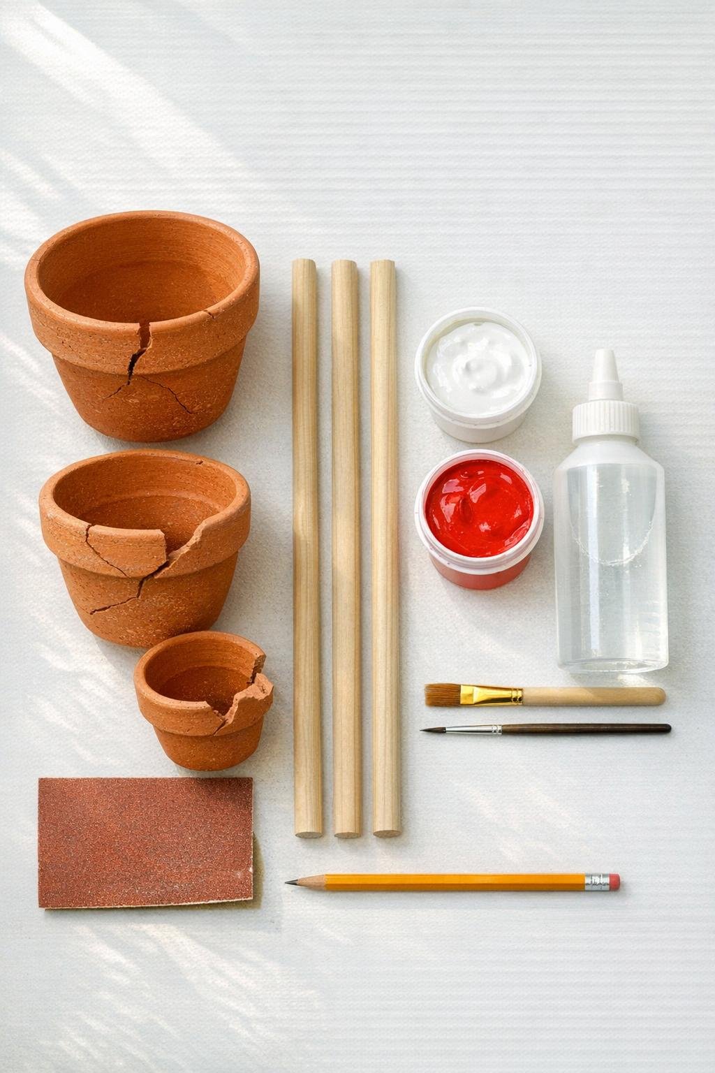 Materials for terracotta mushroom garden stakes laid out on a work surface