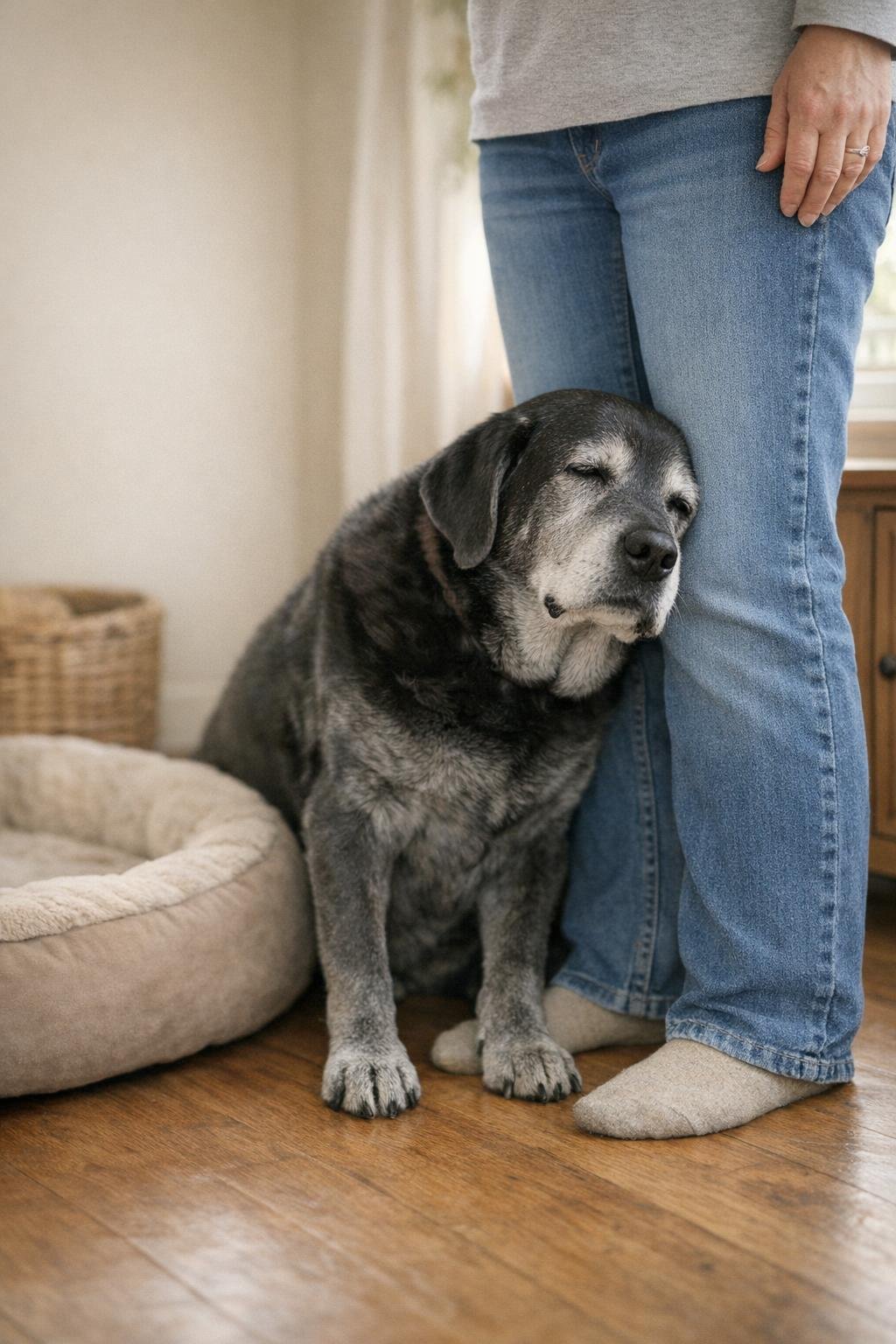 Older dog leaning heavily against legs in a quiet room