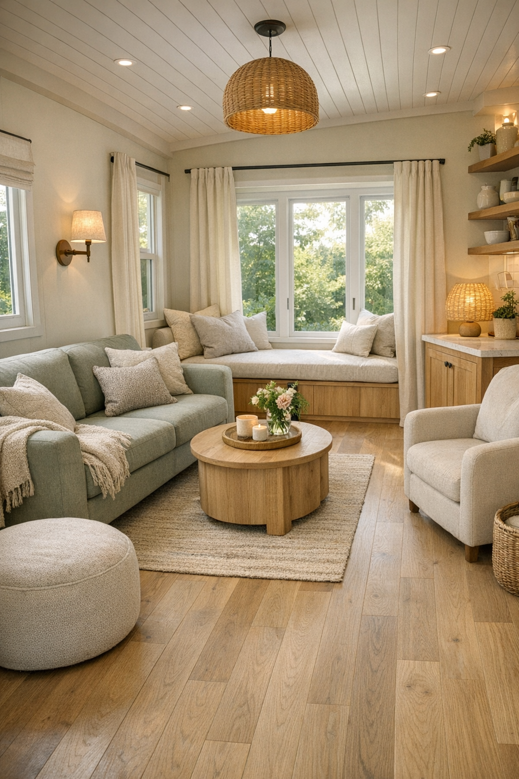 Soft sage tiny home living room with accessible open layout and pale oak floors