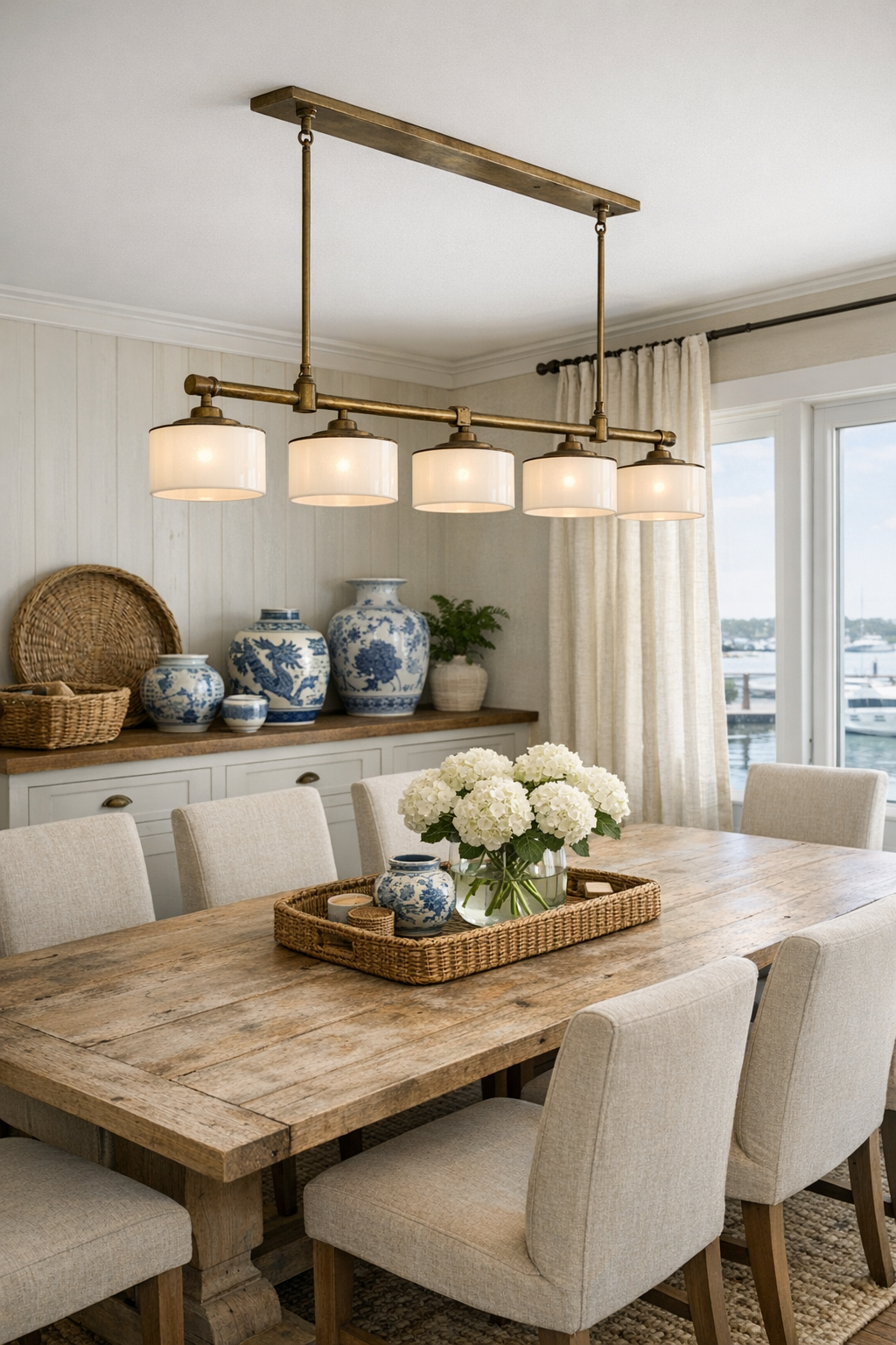 Coastal dining room with a washed wood table, upholstered chairs, and a brass and milk-glass pendant