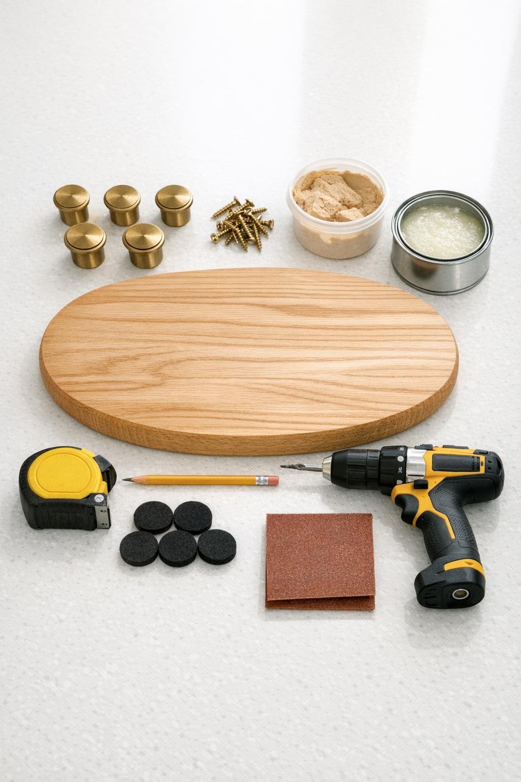 Materials for making a bathroom tray from an oval wooden cheese board and brass feet