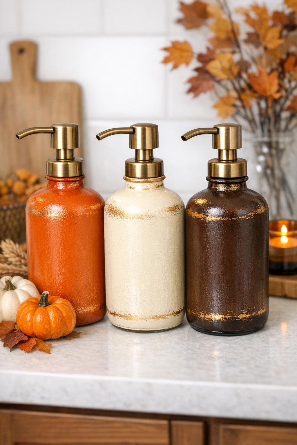 Finished set of three fall soap dispensers made from painted glass bottles