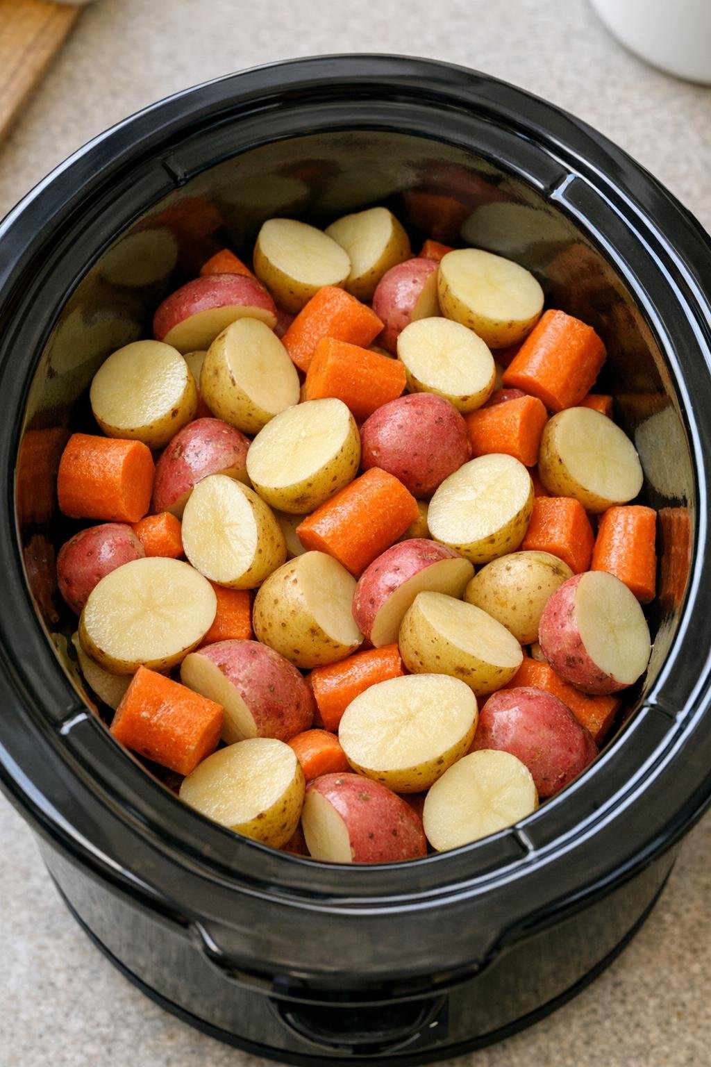 Aardappelen en wortelen in laagjes in de slowcooker