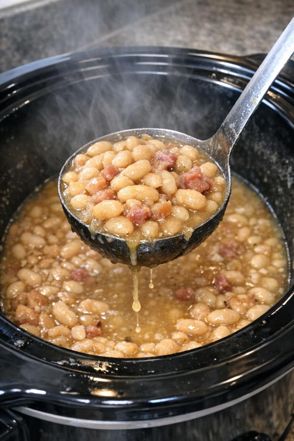 Tender creamy white beans in a slow cooker with a ladle lifting a scoop