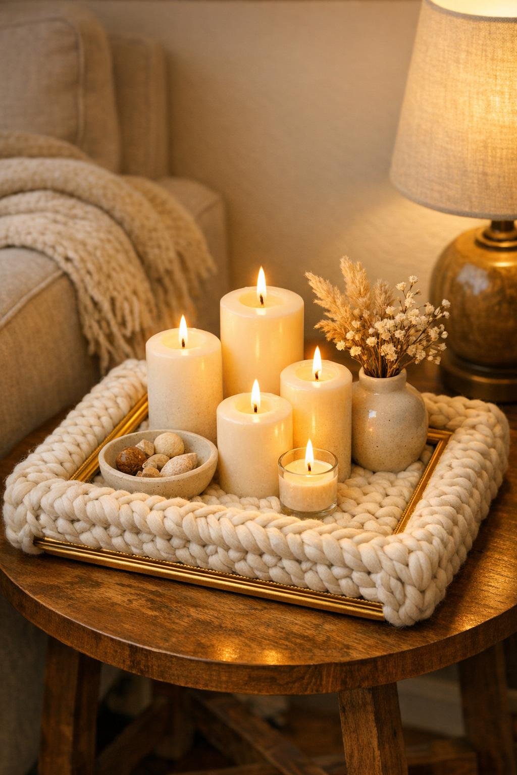 Finished chunky knit wrapped gold picture frame tray styled as a cozy candle base