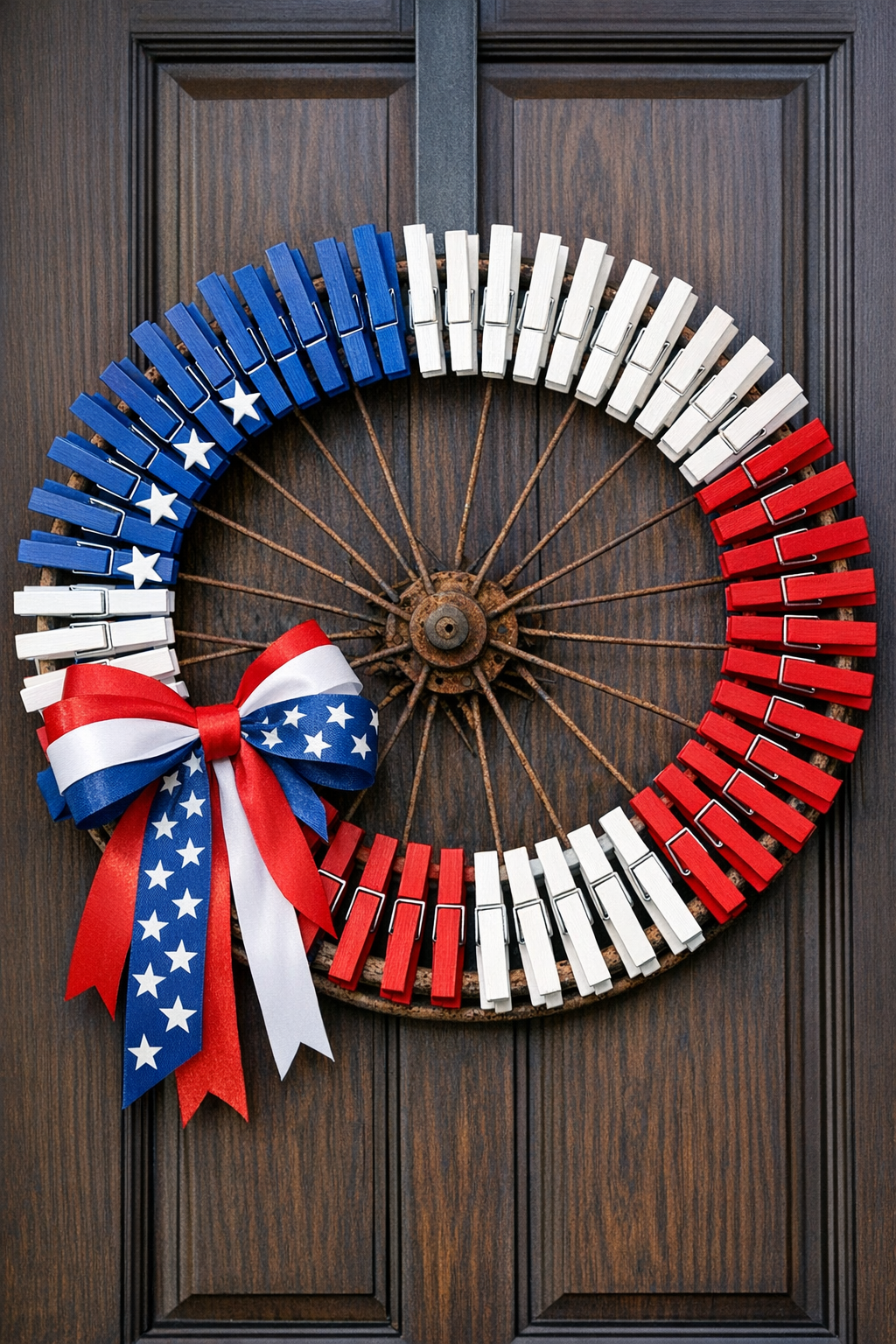 Finished patriotic clothespin wreath on a front door