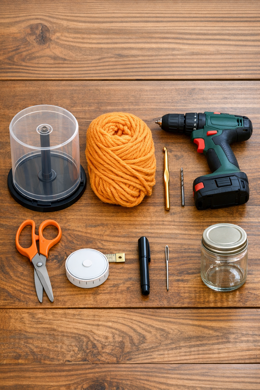 Materials for a crocheted fruit fly trap cover laid out on a table