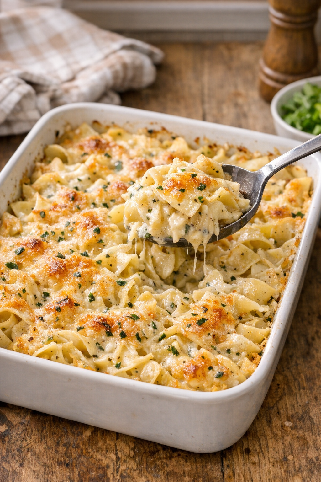 Finished baked savory herb noodles in a rustic baking dish
