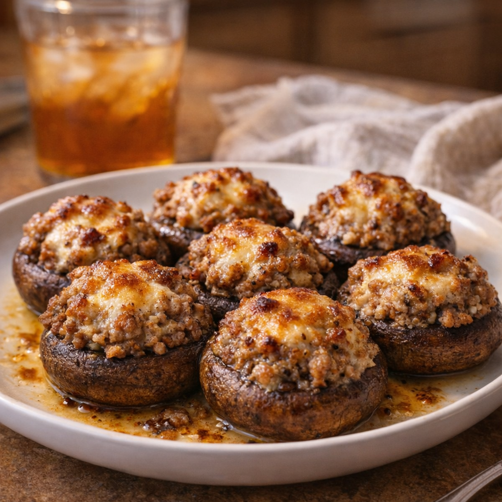 Stuffed mushrooms served on a platter for sharing
