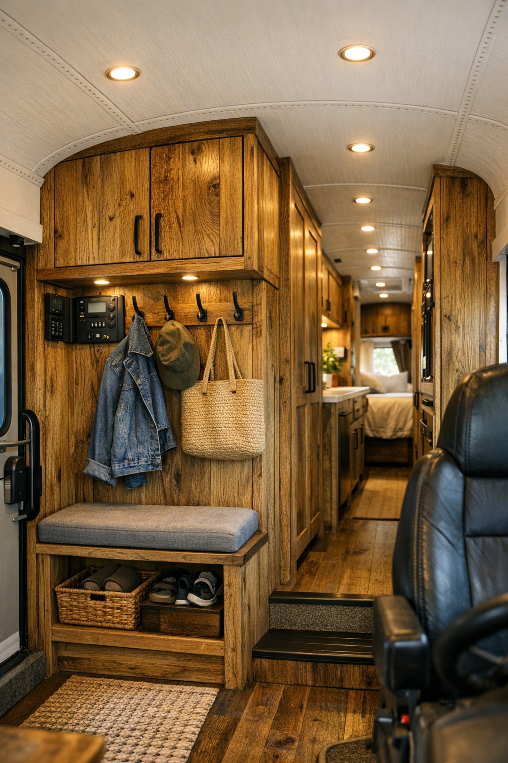 Functional hallway and entry area in a converted bus with oak storage, hooks, and integrated utility cabinetry