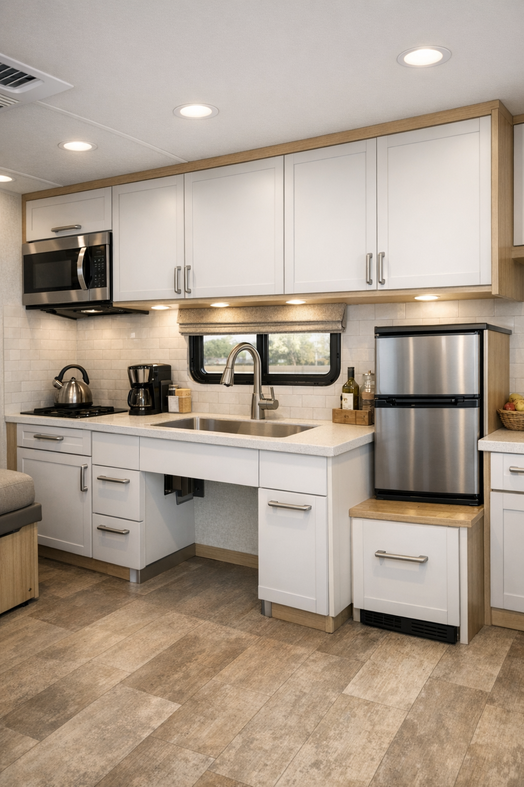 Modern accessible RV kitchen with matte white cabinetry and pale wood accents
