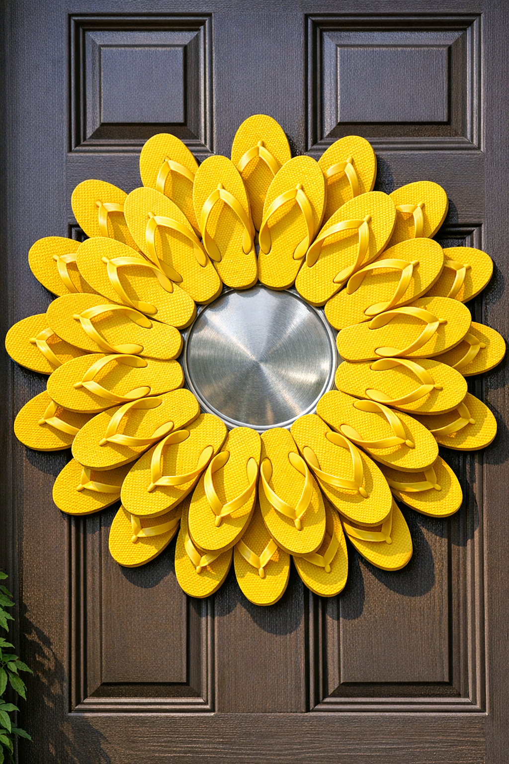Finished yellow flip flop sun wreath on a front door