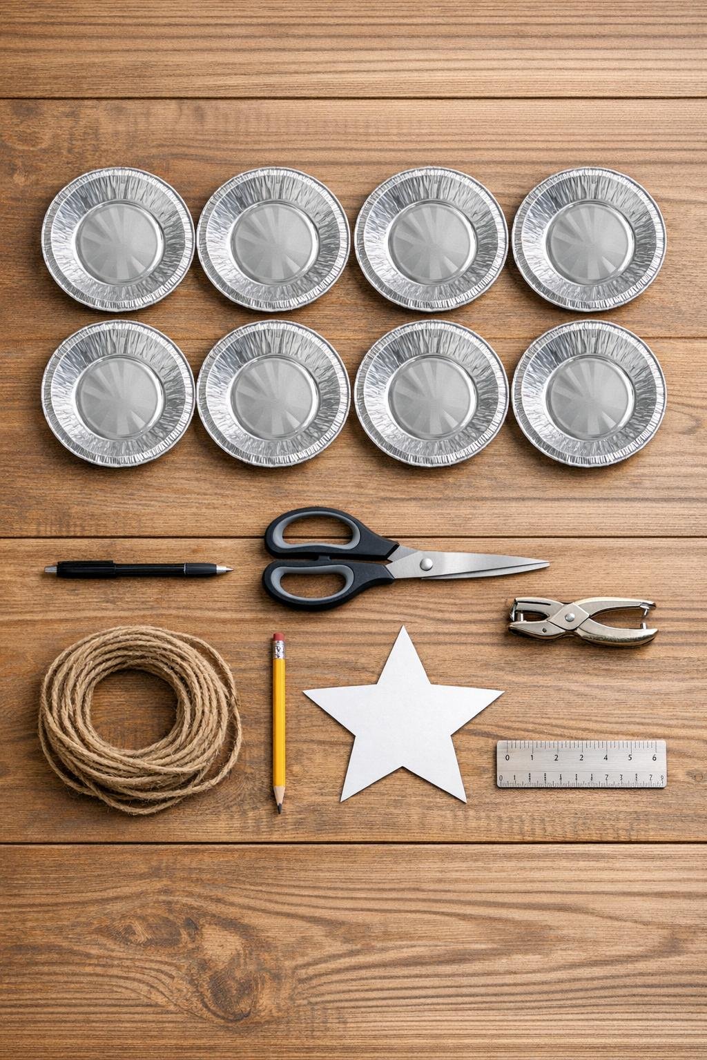 Dollar store pie tins and tools laid out for the project