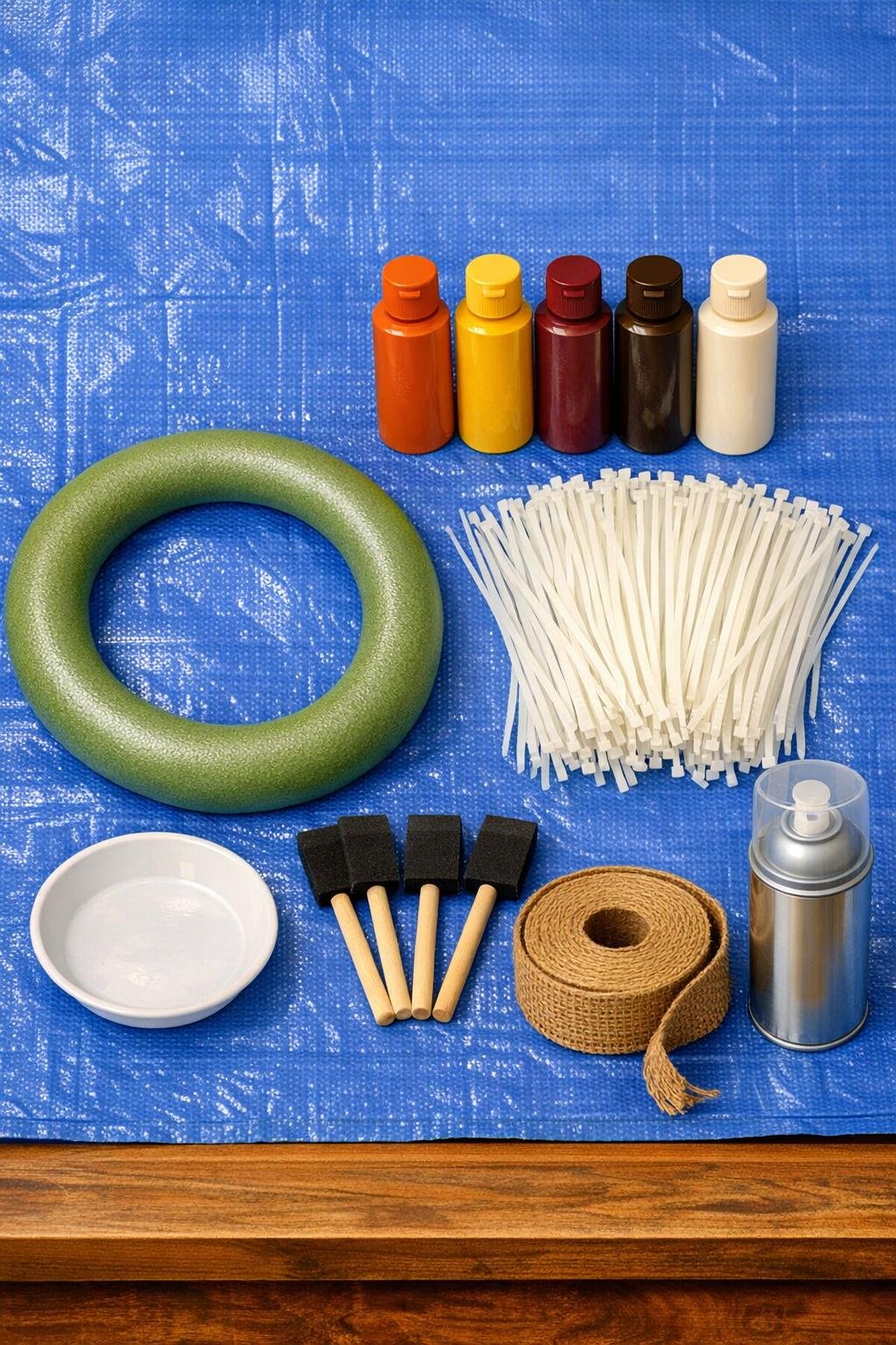 Materials laid out for a zip tie autumn starburst wreath
