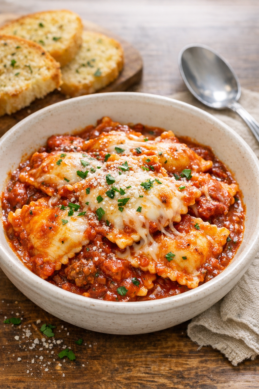Finished beef ravioli slow cooker casserole plated in a bowl