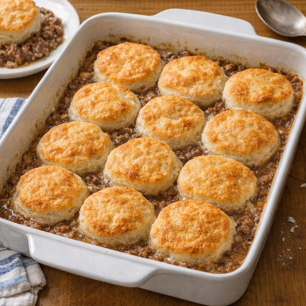 Freshly baked beef and biscuit casserole in a home kitchen