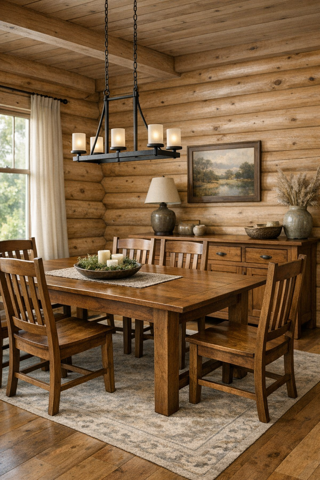 Handcrafted dining room with solid wood table and soft natural light