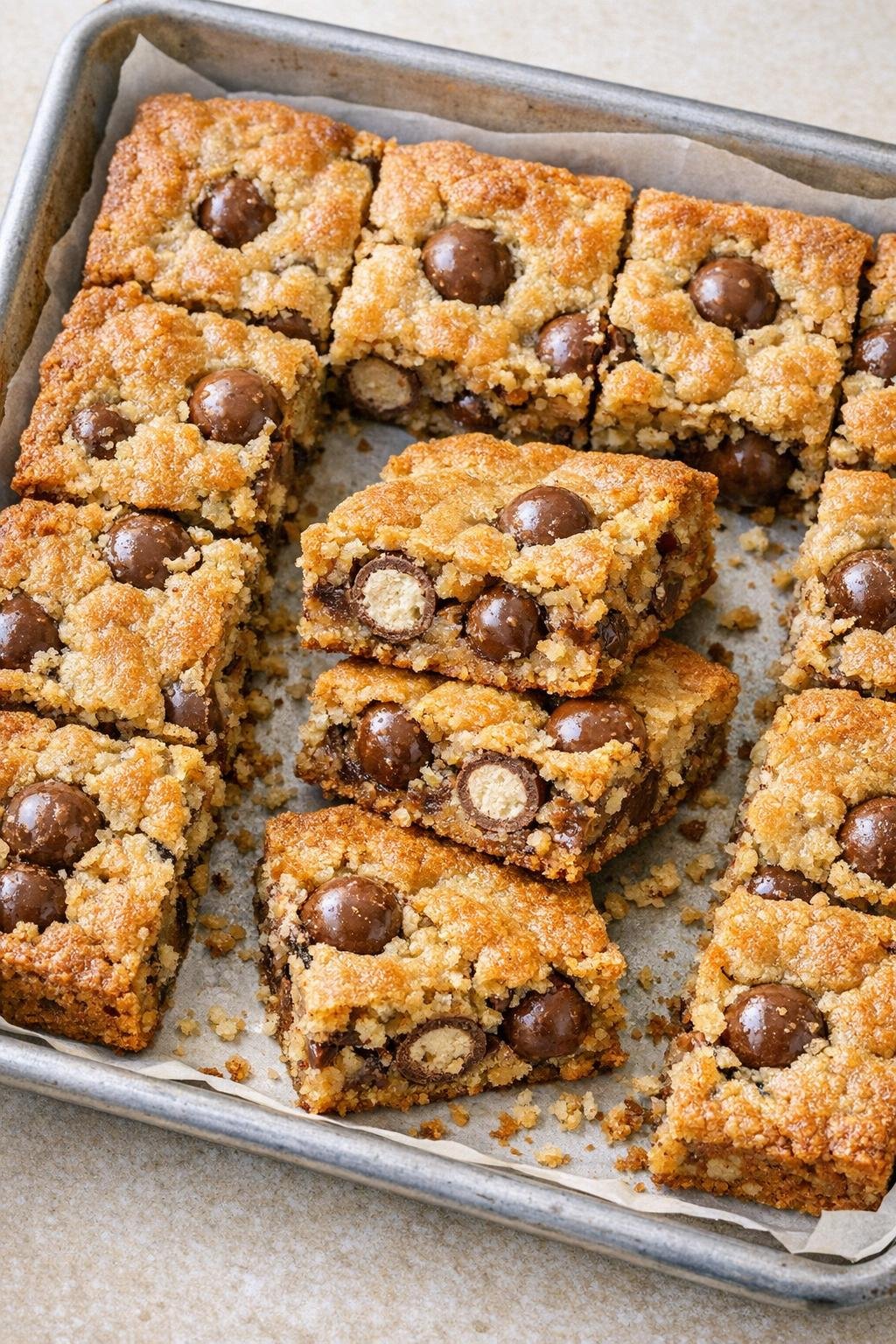Finished malted crunch dessert bars on a sheet pan