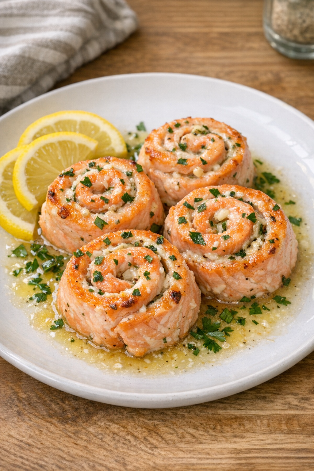 Baked salmon pinwheels plated for serving