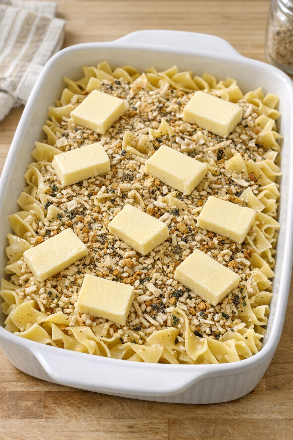 Onion soup mix and sliced butter scattered over uncooked noodles