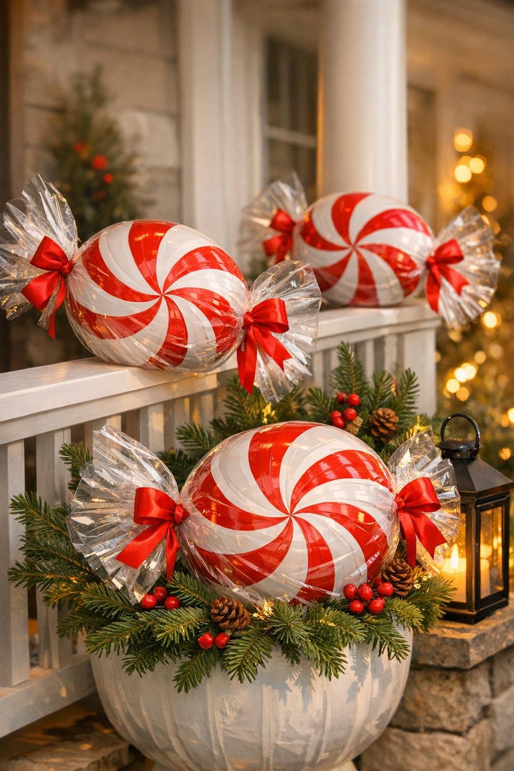 Three giant porch peppermint candies made from plastic bowls displayed on a covered front porch