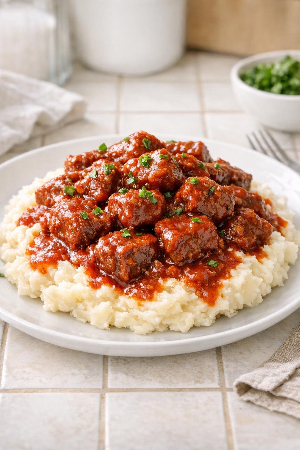 Finished slow cooker sloppy joe beef served over mashed potatoes
