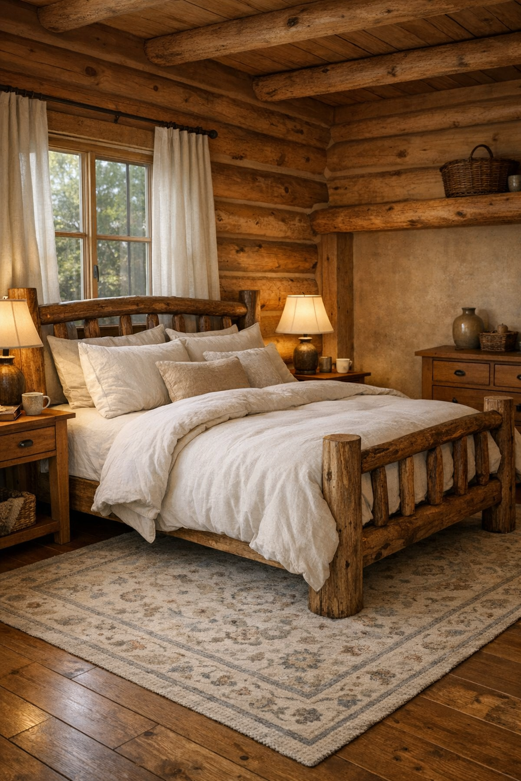 Peaceful log home bedroom with handcrafted bed, soft linens, and warm wood textures