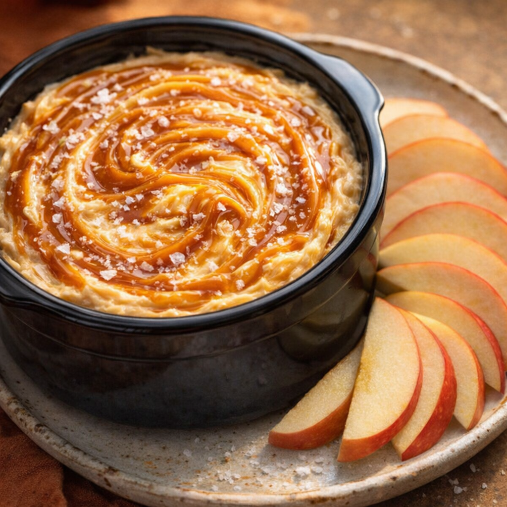 Caramel dip topped with flaky salt and served with apple slices