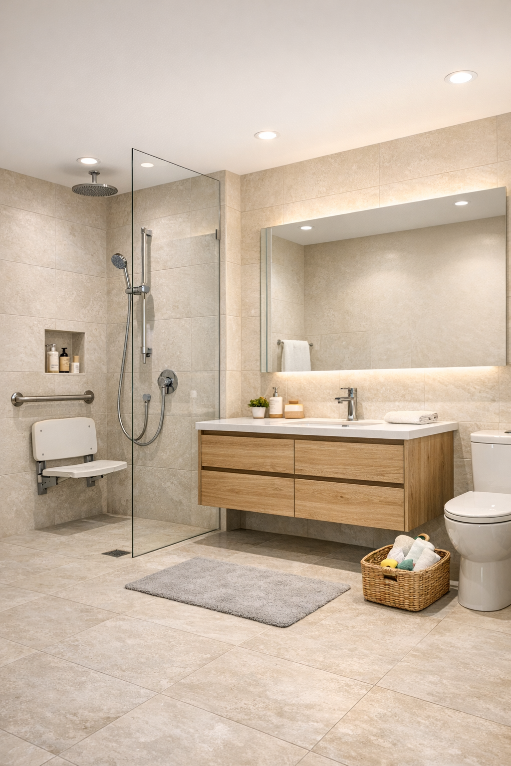 Accessible bathroom with curbless shower and pale stone finishes