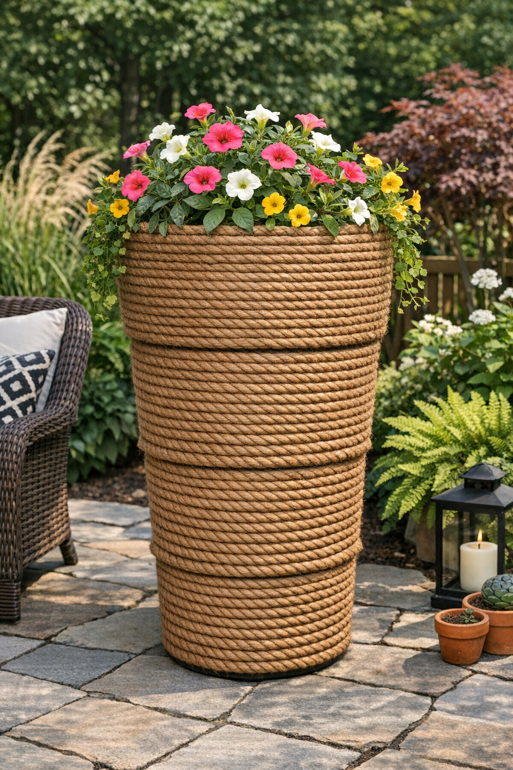 Finished giant backyard planter made from stacked laundry baskets wrapped in brown jute rope