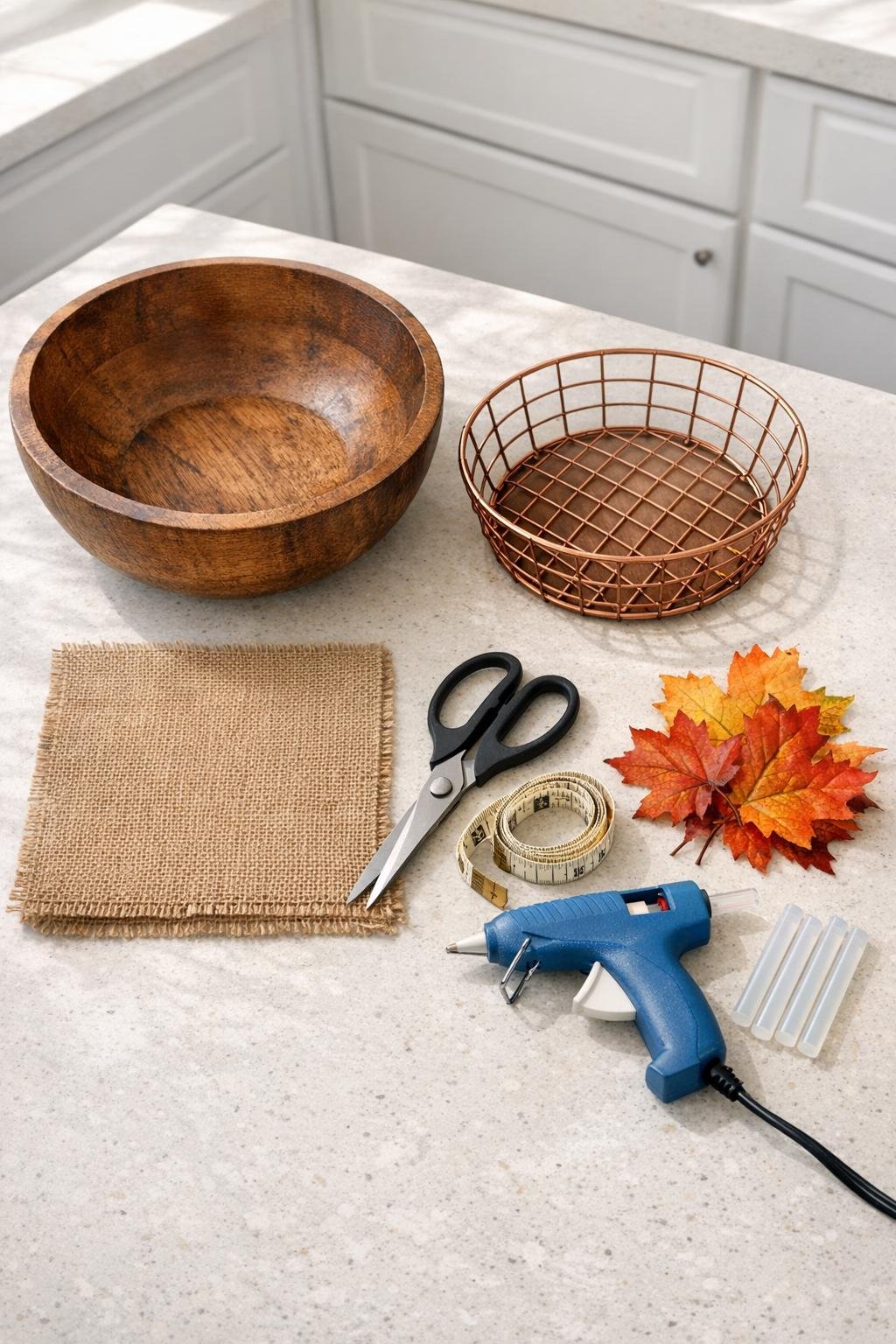 Materials for the fruit bowl laid out on a kitchen counter