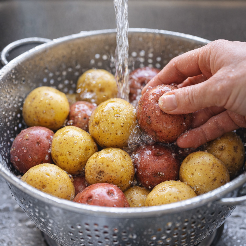 Small potatoes being rinsed in a kitchen colander