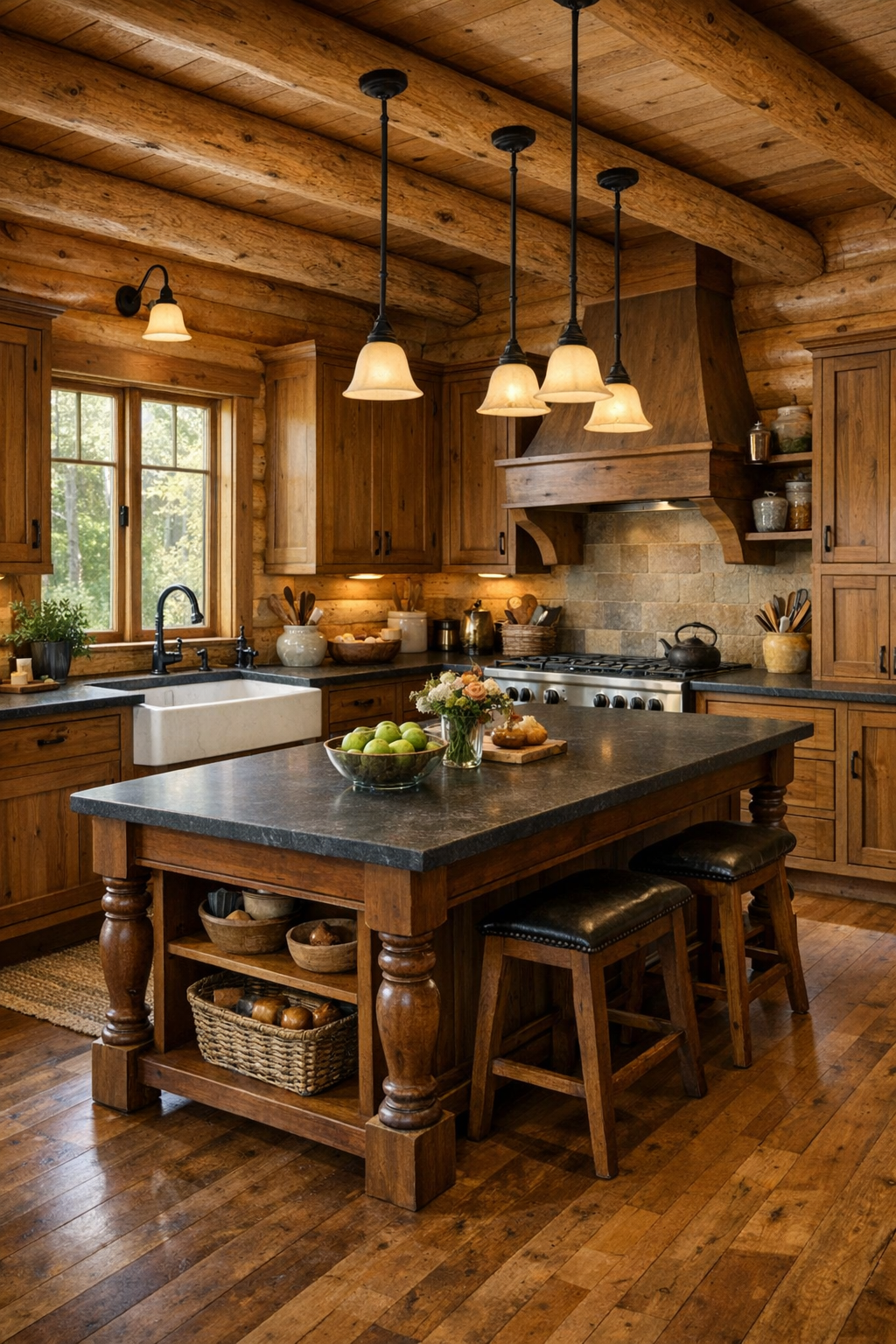 Craftsman log home kitchen with Amish-built cabinetry, stone counters, and a large island
