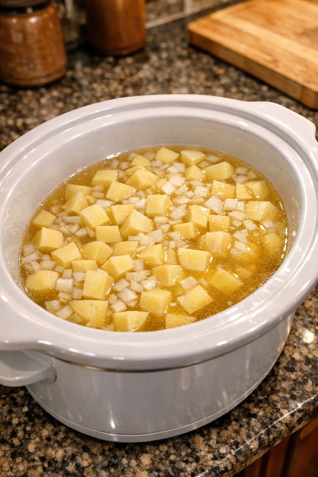 Potatoes and onion in slow cooker with broth