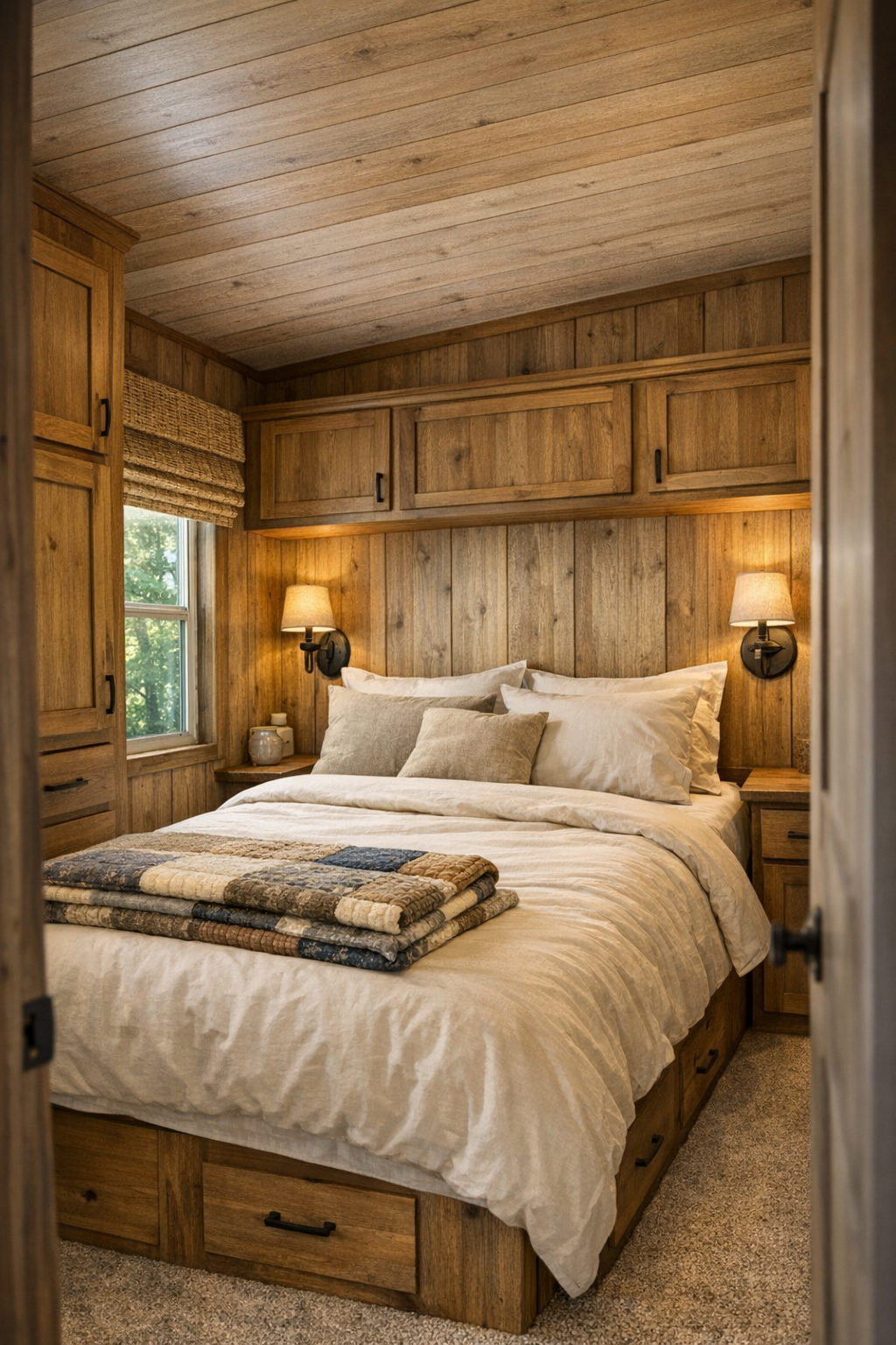 Peaceful cabin bedroom with wood walls, cream bedding, and soft reading lights