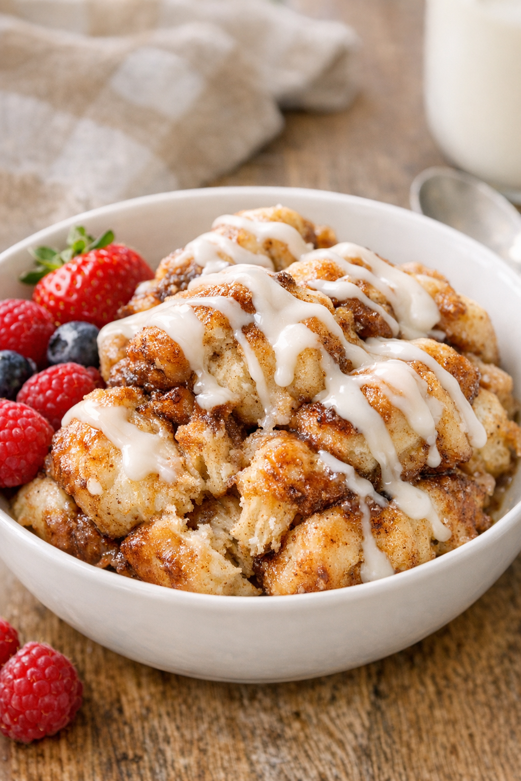Finished slow cooker cinnamon dough dessert in a serving bowl