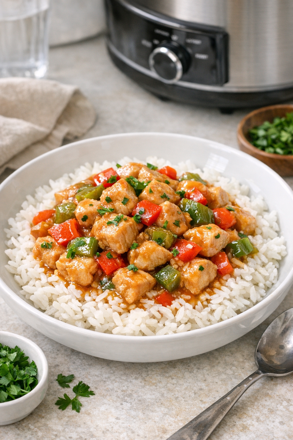 Finished plated slow cooker chicken with peppers