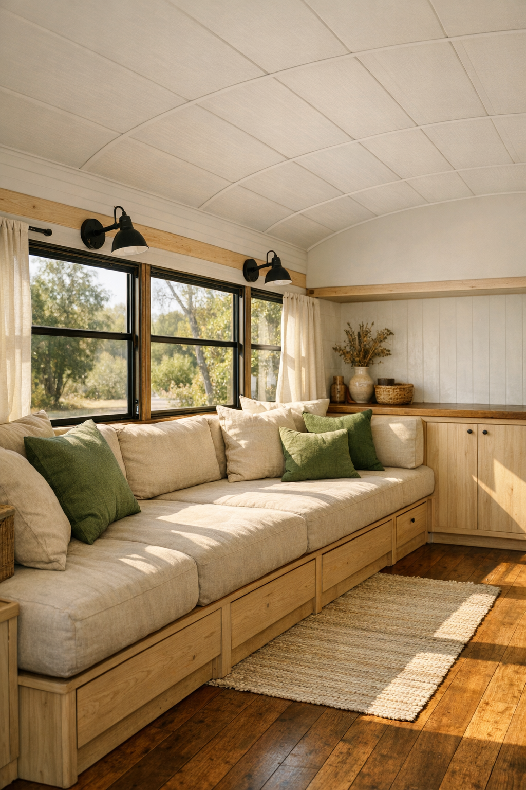 Living room inside the converted bus with a built-in bench sofa and warm wood finishes