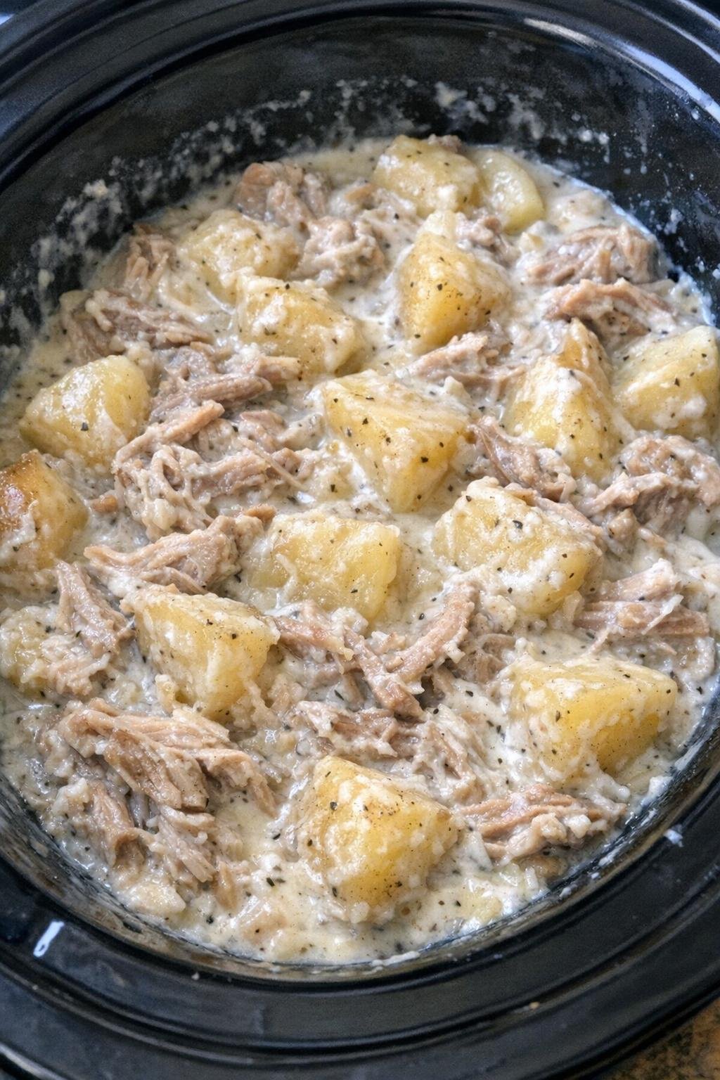 Creamy pork and potato casserole in a black slow cooker crock