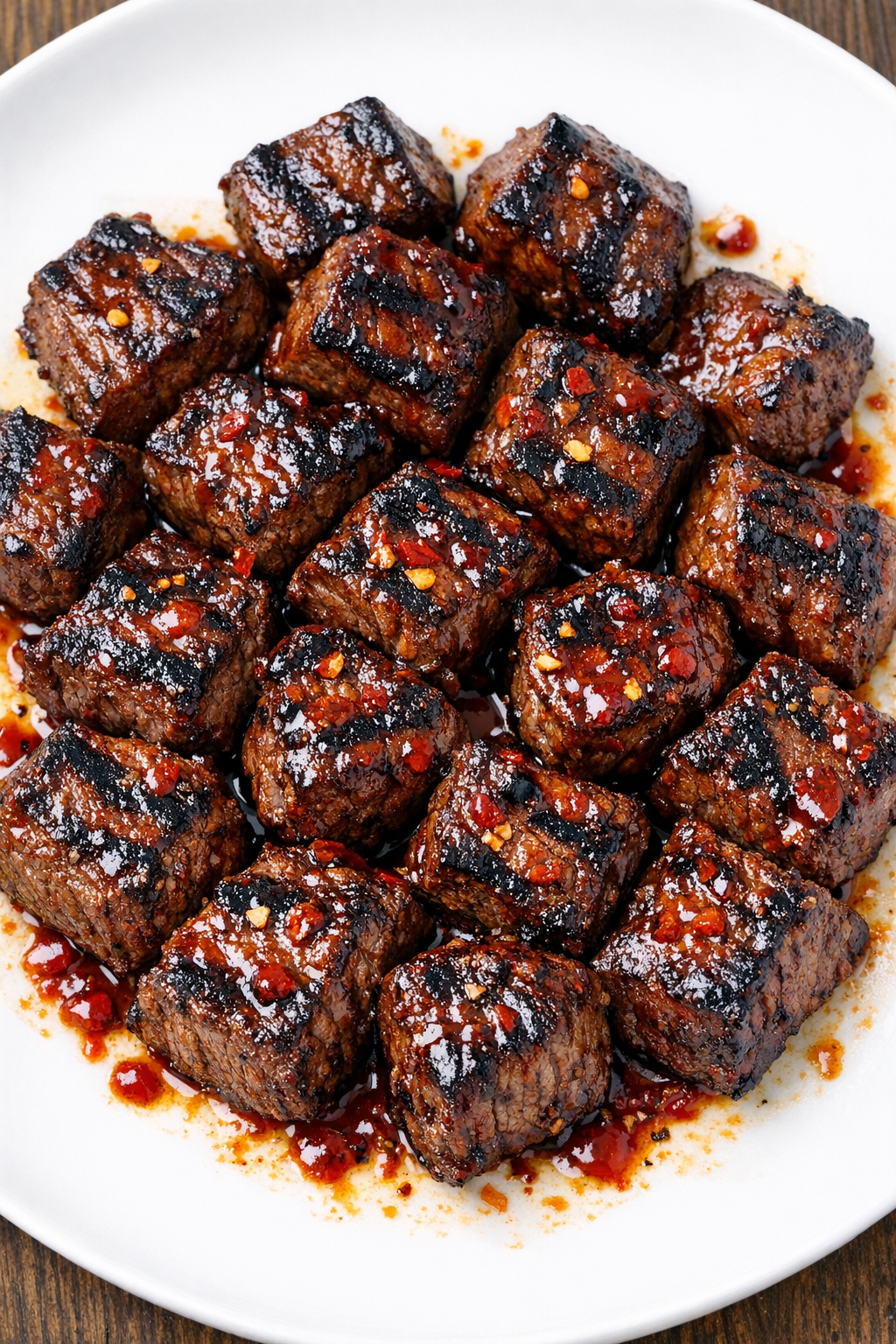 Low carb 3-ingredient spicy steak bites on a white plate