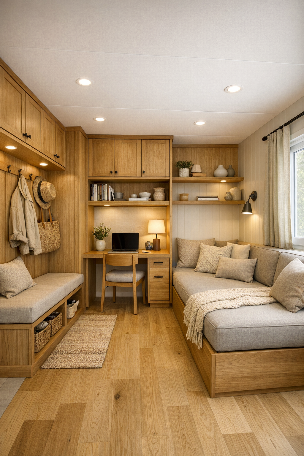 Flexible tiny home entry and multipurpose nook with built-in accessible storage